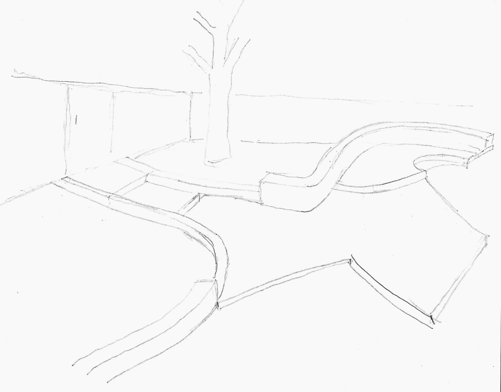 Initial hand-drawn concept sketch for the Wedemeyer backyard showing proposed retaining walls, stairways, and the first design concept for correcting drainage and erosion.